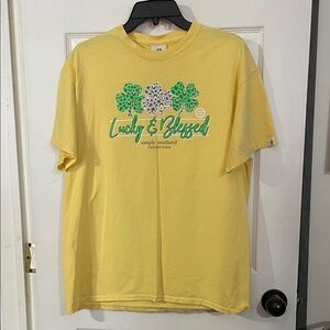 Simply Southern Yellow Tee "Lucky & Blessed" with Green and Pink Clovers. L